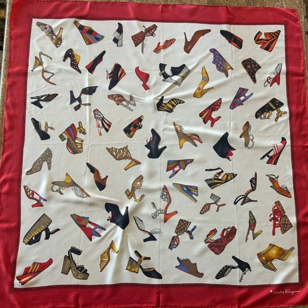 Vintage Salvatore Ferragamo Silk "High Heel Shoe" Scarf, Red Border with Cream